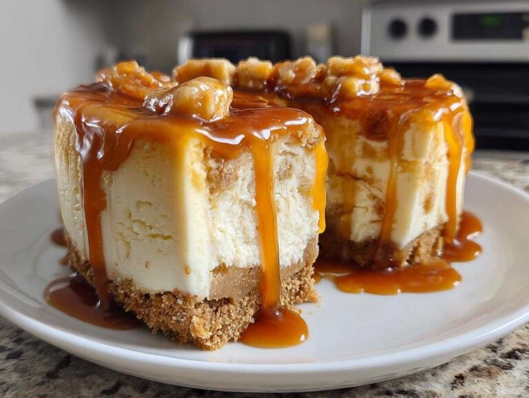 Two individual servings of rich caramel apple cheesecake dripping with thick caramel sauce and topped with apple pieces.