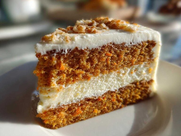 Close-up of a perfect slice of carrot cake cheesecake showing layers of spiced cake and creamy filling, topped with nuts.