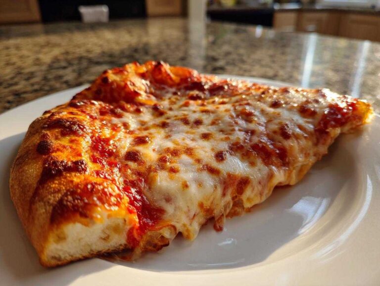 Close-up of a delicious slice of cheese pizza showing melted, browned mozzarella cheese and a thick, airy crust.