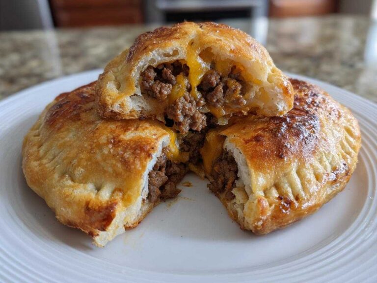 Close-up of golden baked cheeseburger pockets cut in half, showing seasoned ground beef and melted cheddar cheese filling.