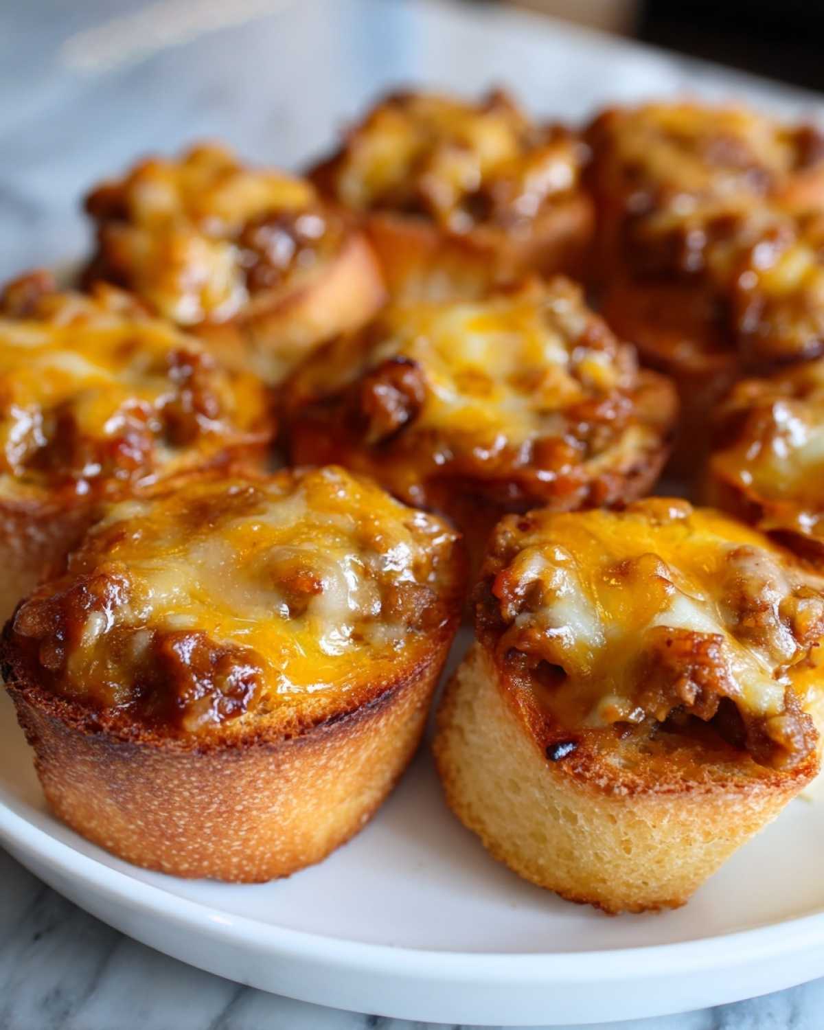 Close-up of several baked hanky panky recipe appetizers topped with melted cheddar and white cheese on toasted bread rounds.