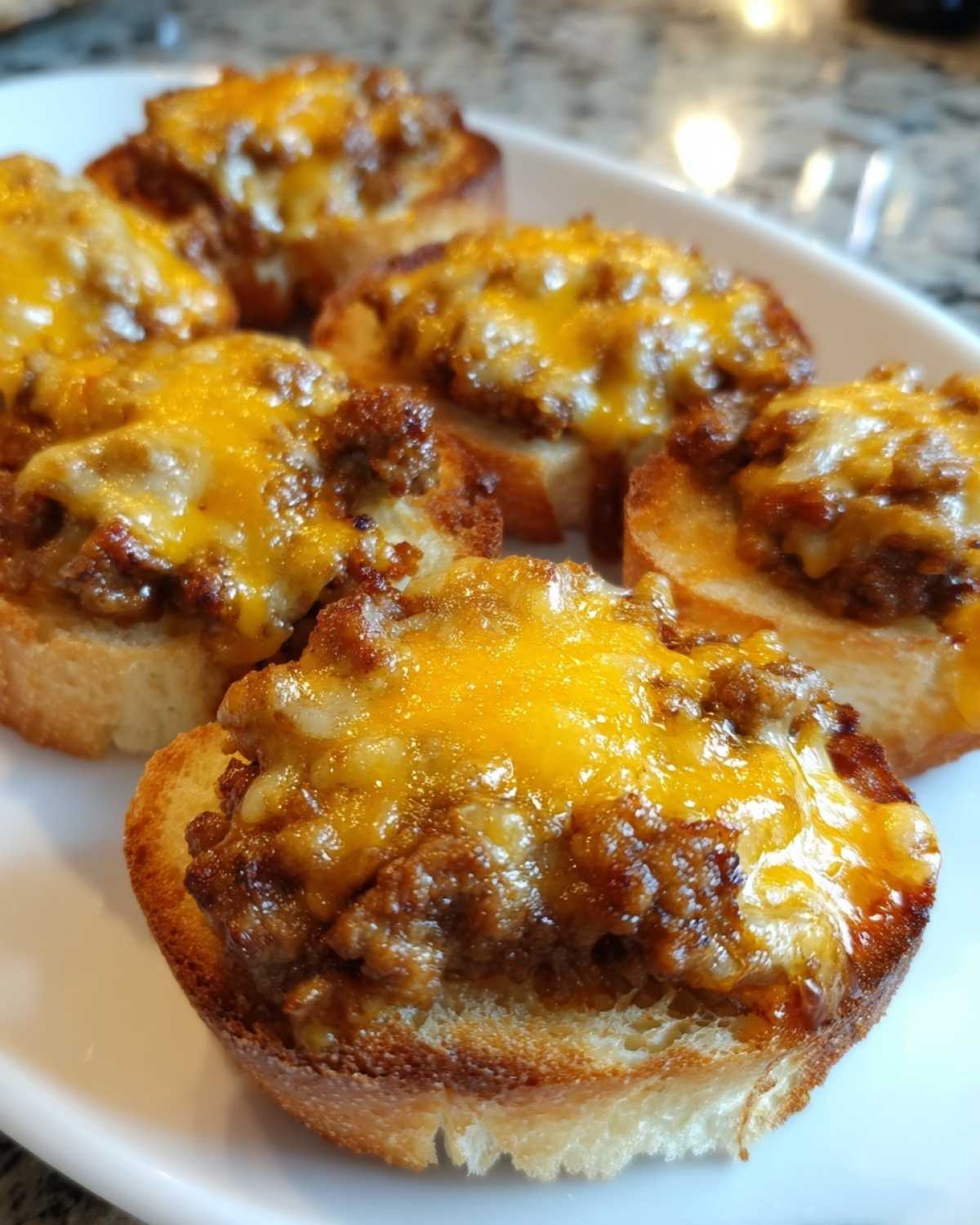 Close-up of several toasted bread rounds topped with savory meat mixture and melted cheddar cheese for the hanky panky recipe.