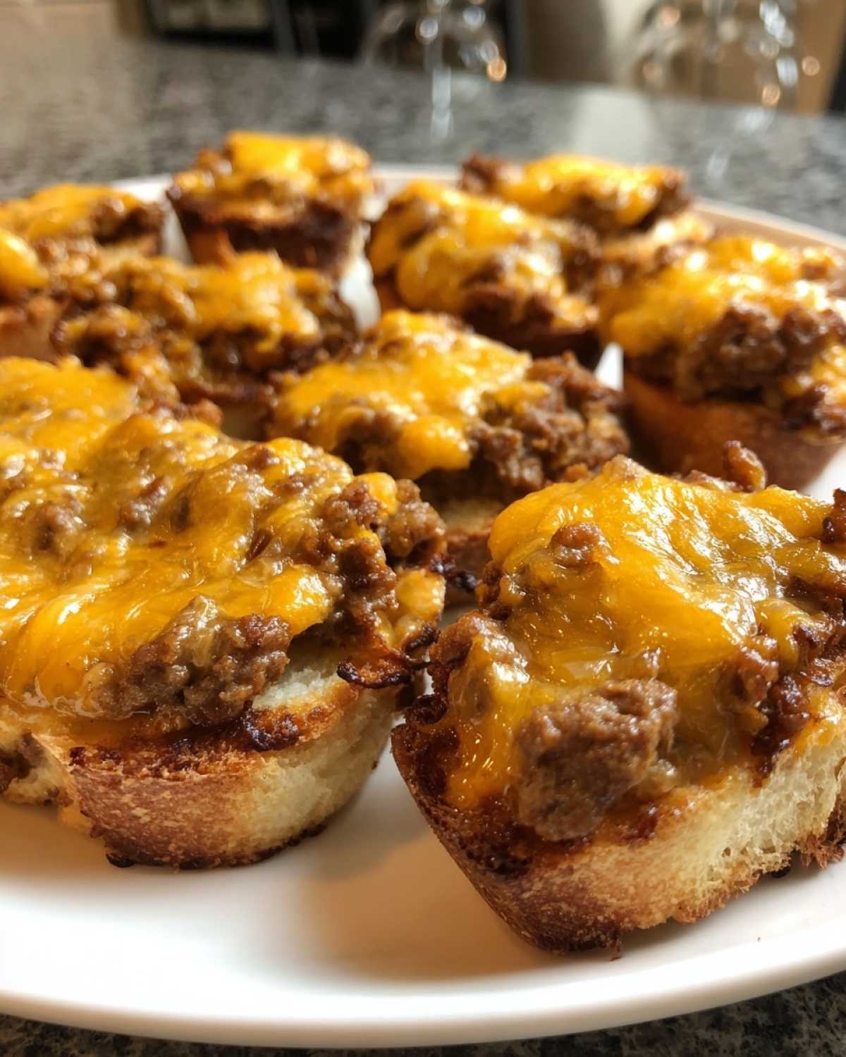 Close-up of several toasted bread rounds topped with seasoned ground meat and melted cheddar cheese, ready to serve as a hanky panky recipe appetizer.