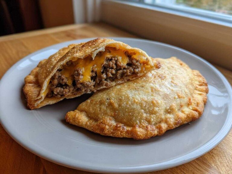 Two golden-brown cheesy pocket tacos on a plate, one cut open revealing seasoned ground beef and melted cheese.