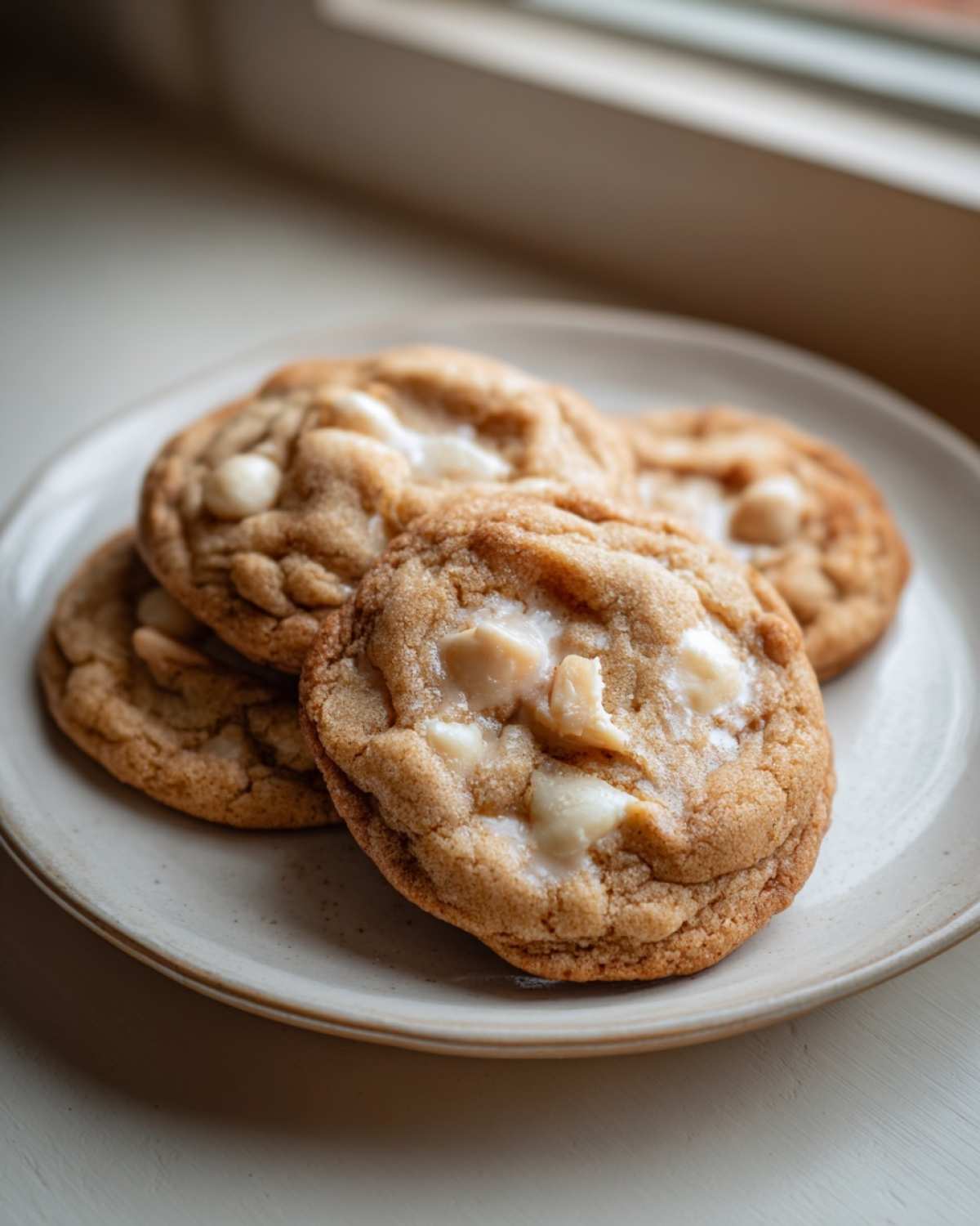 Four golden brown, chewy macadamia nut cookies with melted white chocolate chips stacked on a light ceramic plate.