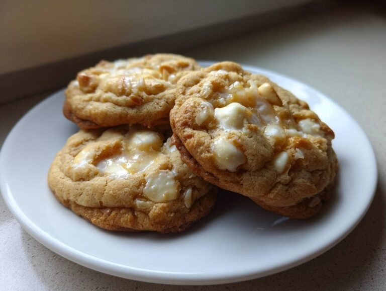 Close-up of three soft, chewy macadamia nut cookies with melted white chocolate chunks on a white plate.