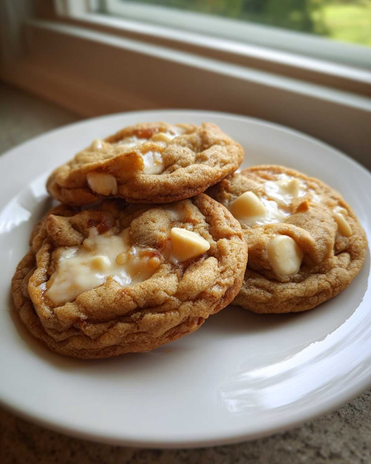 Three freshly baked, chewy macadamia nut cookies with melted white chocolate on a white plate.