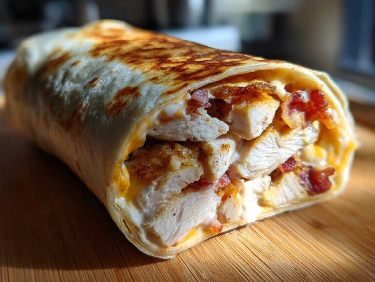 Close-up of a perfectly grilled chicken bacon ranch wrap, showing chunks of chicken, bacon, and creamy ranch dressing.