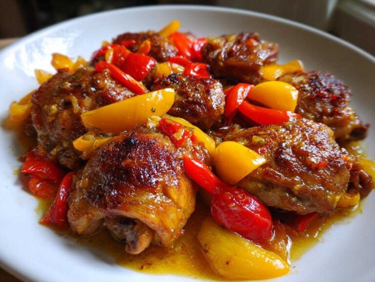 Close-up of juicy, browned chicken scarpariello pieces served with bright red and yellow bell peppers in a savory sauce.