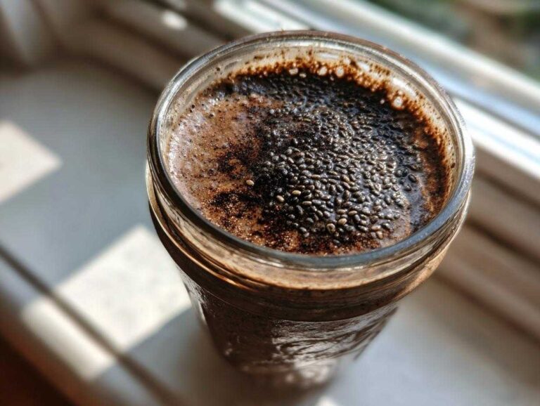 Overhead view of rich chocolate chia pudding topped with visible, ungelled chia seeds.