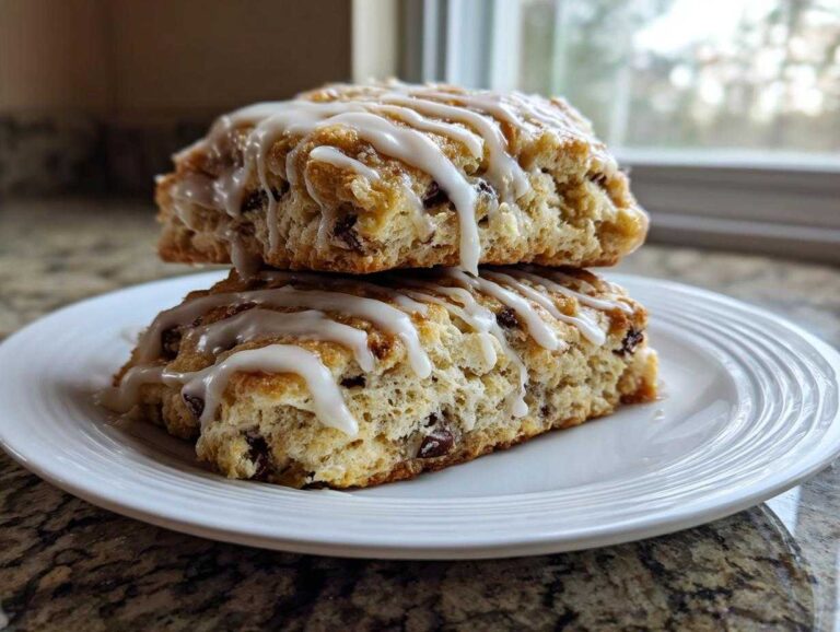Two fluffy chocolate chip scones drizzled with white glaze stacked on a white plate.