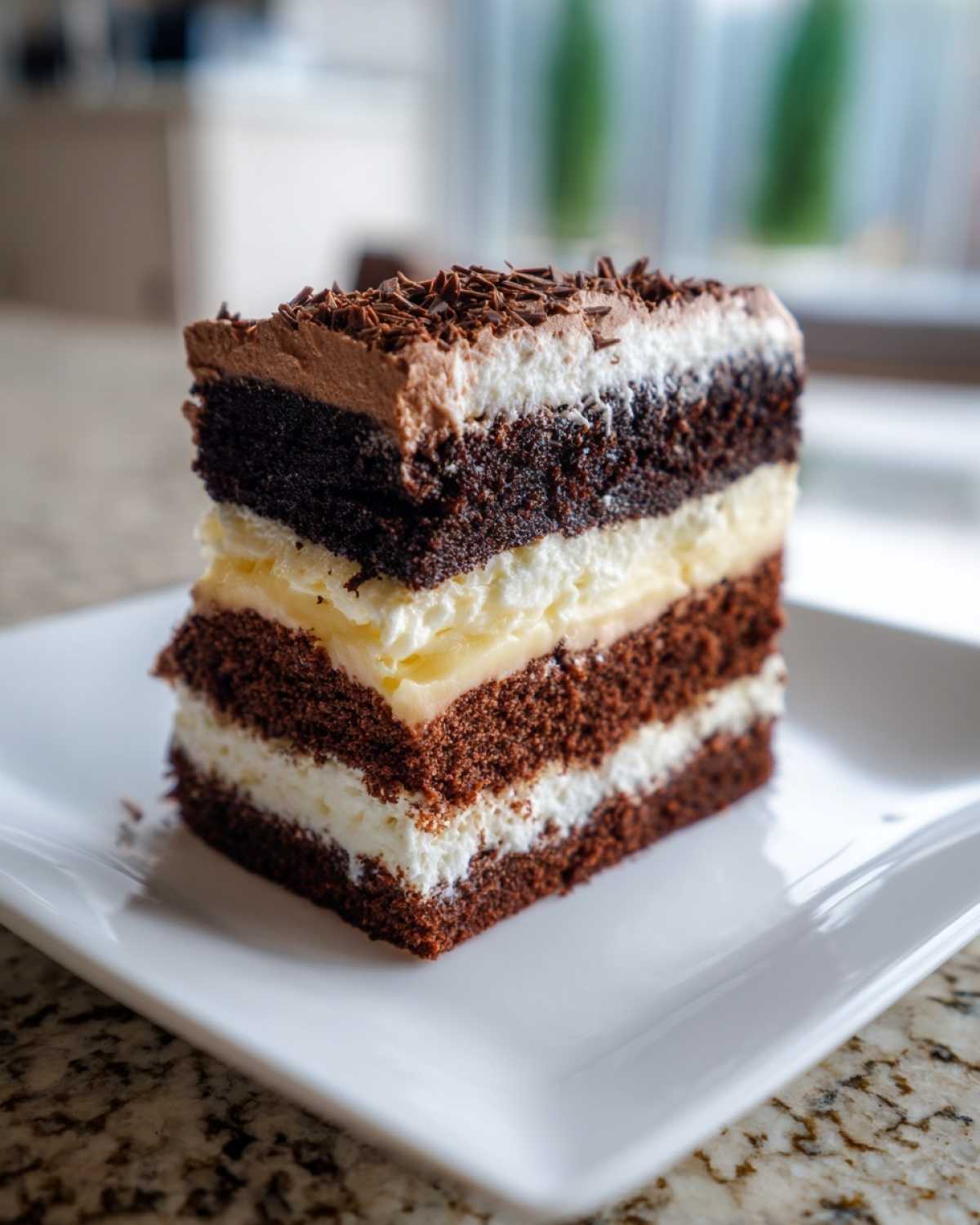 A tall slice of chocolate Italian love cake showing layers of dark cake, white cream, and yellow custard filling.