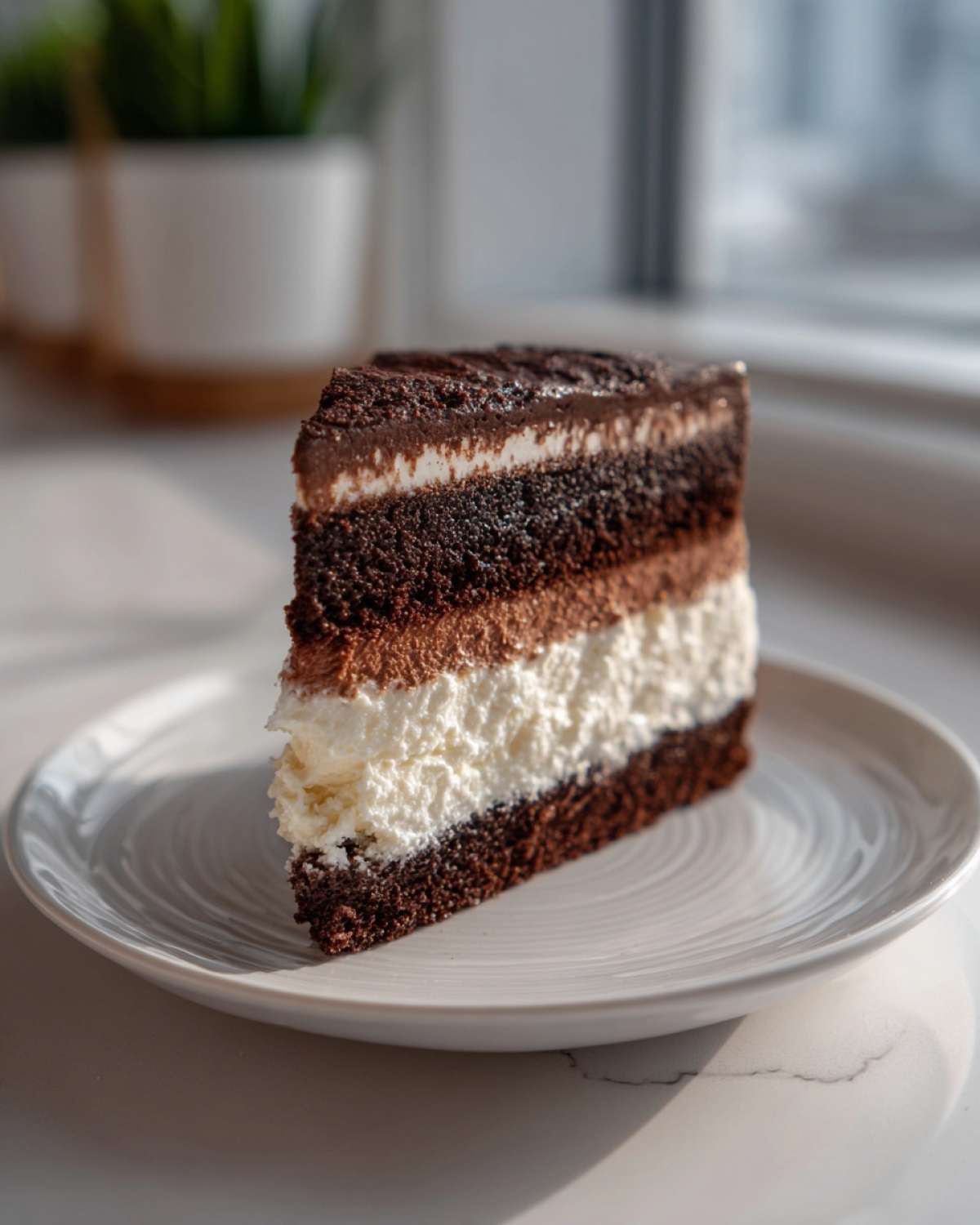 A decadent slice of chocolate italian love cake showing distinct layers of dark cake, white cream, and chocolate mousse.