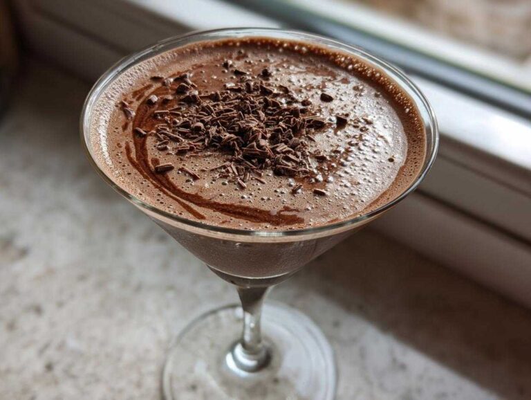 Close-up of a creamy chocolate martini in a glass, garnished with chocolate shavings.