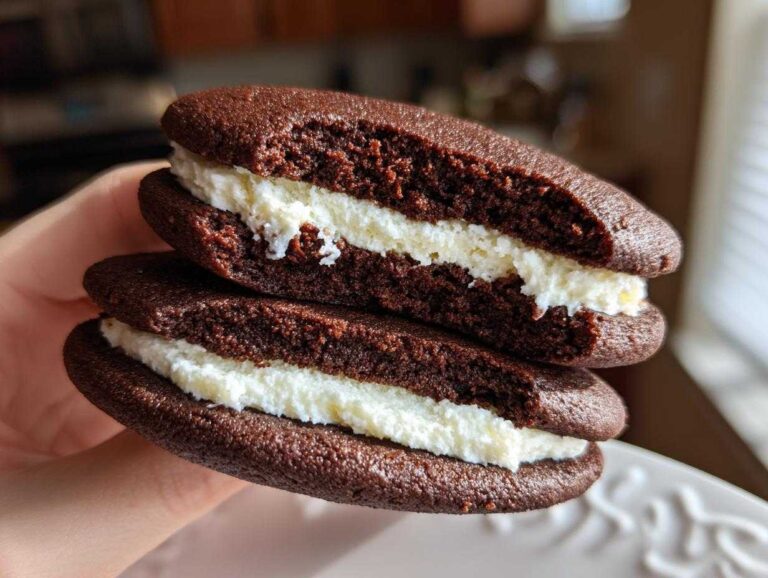 A hand holding two stacked chocolate whoopie pies cut in half, showing the thick, fluffy white cream filling.