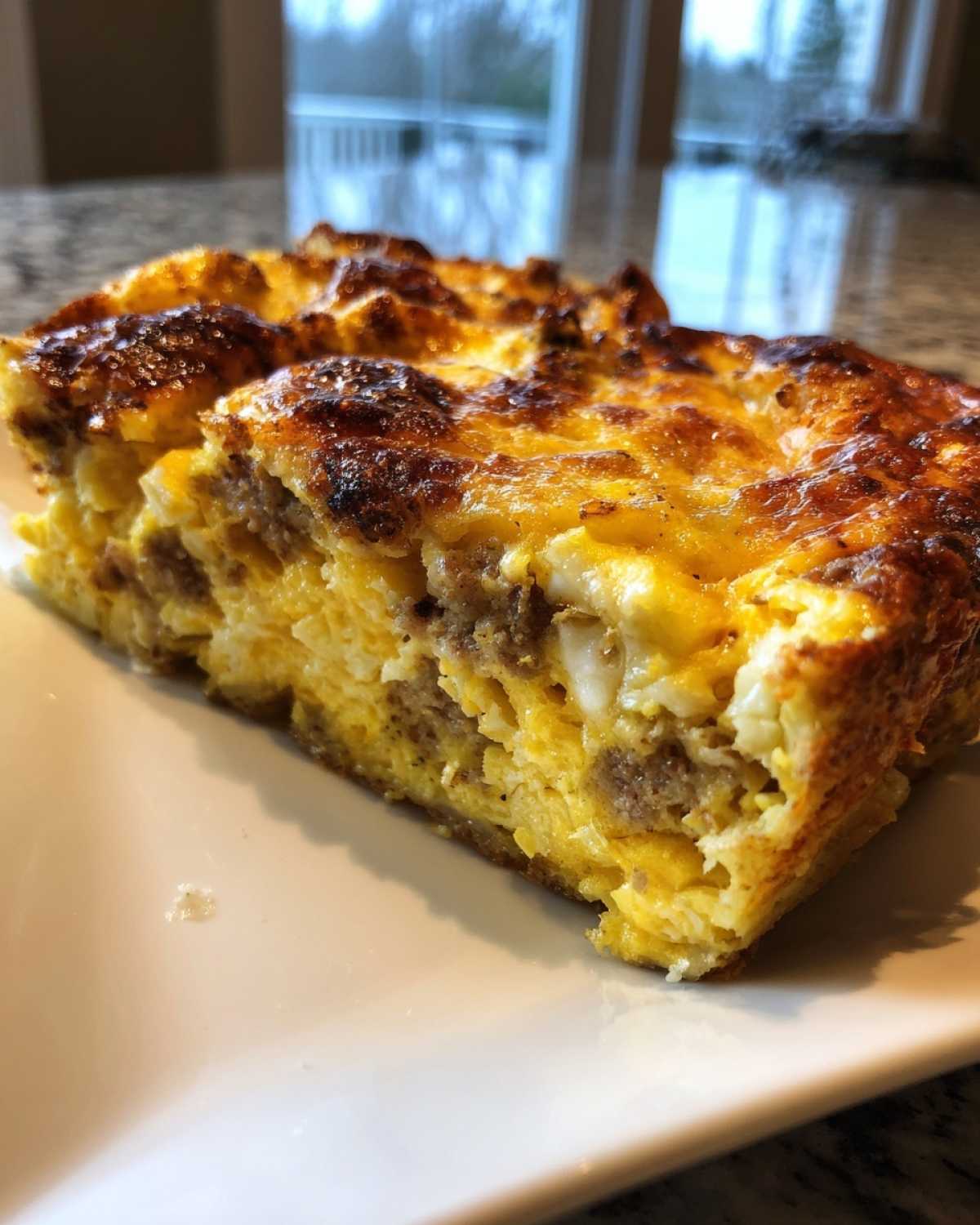 Close-up of a golden-brown slice of Christmas breakfast casserole with visible sausage and egg layers.