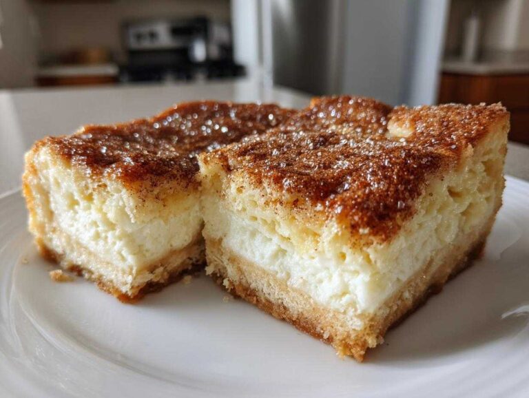 Two thick squares of creamy churro cheesecake bars topped generously with sparkling cinnamon sugar.