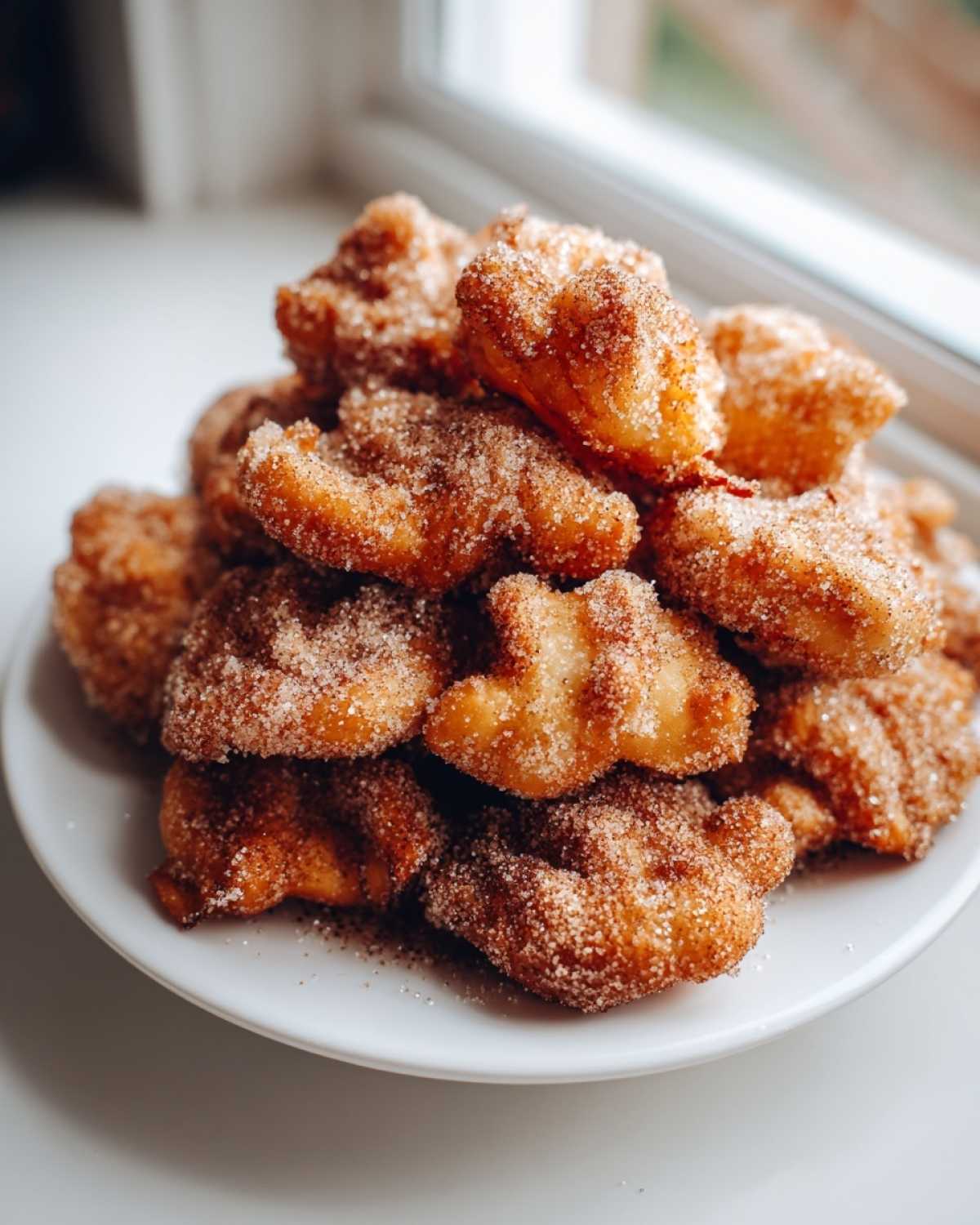 A generous pile of golden brown, fluffy buñuelos heavily coated in cinnamon sugar, resting on a white plate.
