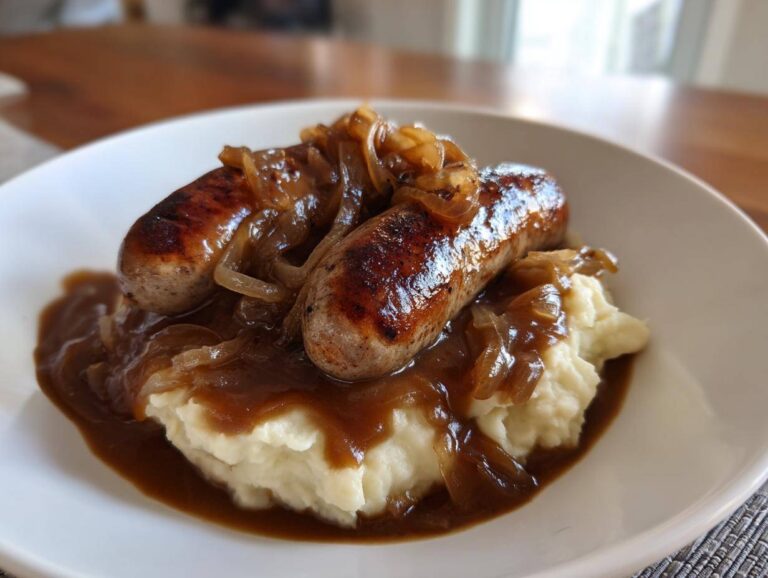 Two browned sausages served over creamy mashed potatoes, covered in rich onion gravy, making up classic bangers and mash.