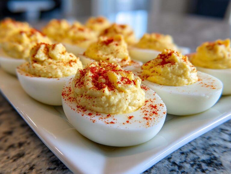 A platter of perfectly prepared deviled eggs, piped high with creamy filling and sprinkled with bright red paprika.