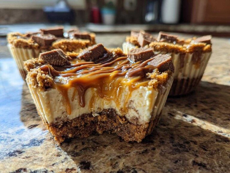 Close-up of a cookie butter cheesecake cup with a bite taken out, showing the creamy filling, graham cracker crust, caramel drizzle, and chocolate topping.