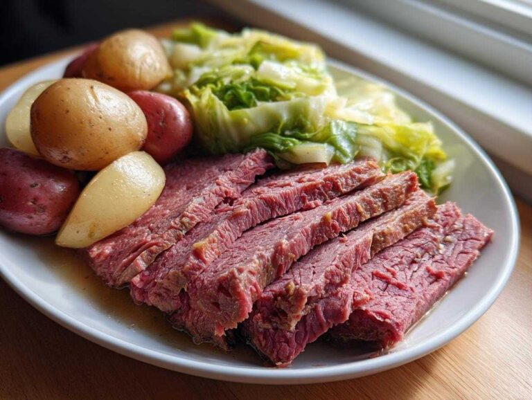 Slices of tender corned beef and cabbage served with small boiled potatoes on a white plate.