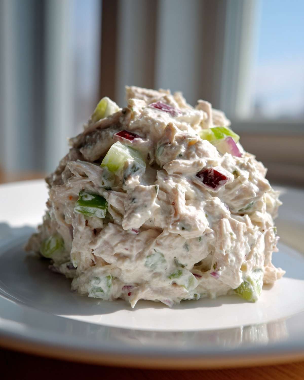 A mound of creamy cottage cheese chicken salad mixed with celery and red onion on a white plate.