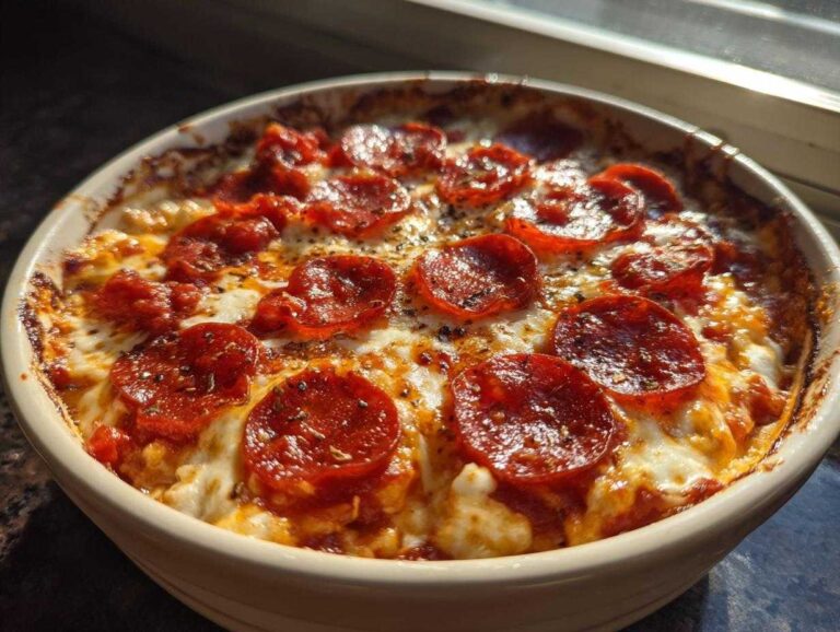Close-up of a baked cottage cheese pizza bowl topped with melted cheese and pepperoni slices.
