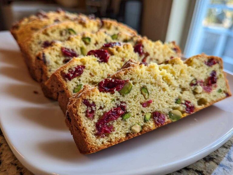 Several thick slices of golden cranberry pistachio biscotti, showing bright red cranberries and green pistachios embedded in the crumb.