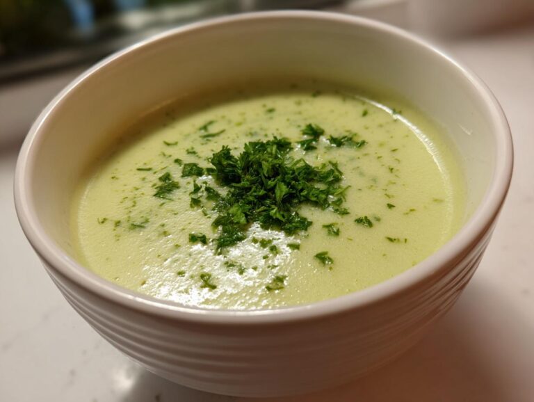 Close-up of a bowl of creamy celery soup topped with a pile of fresh chopped parsley.