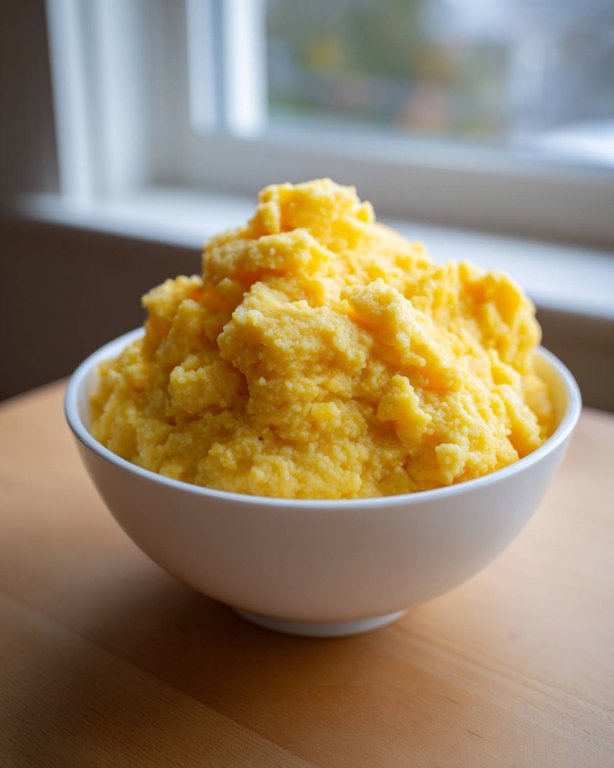 A white bowl overflowing with fluffy, bright yellow, creamy cheese grits sitting on a wooden table near a window.