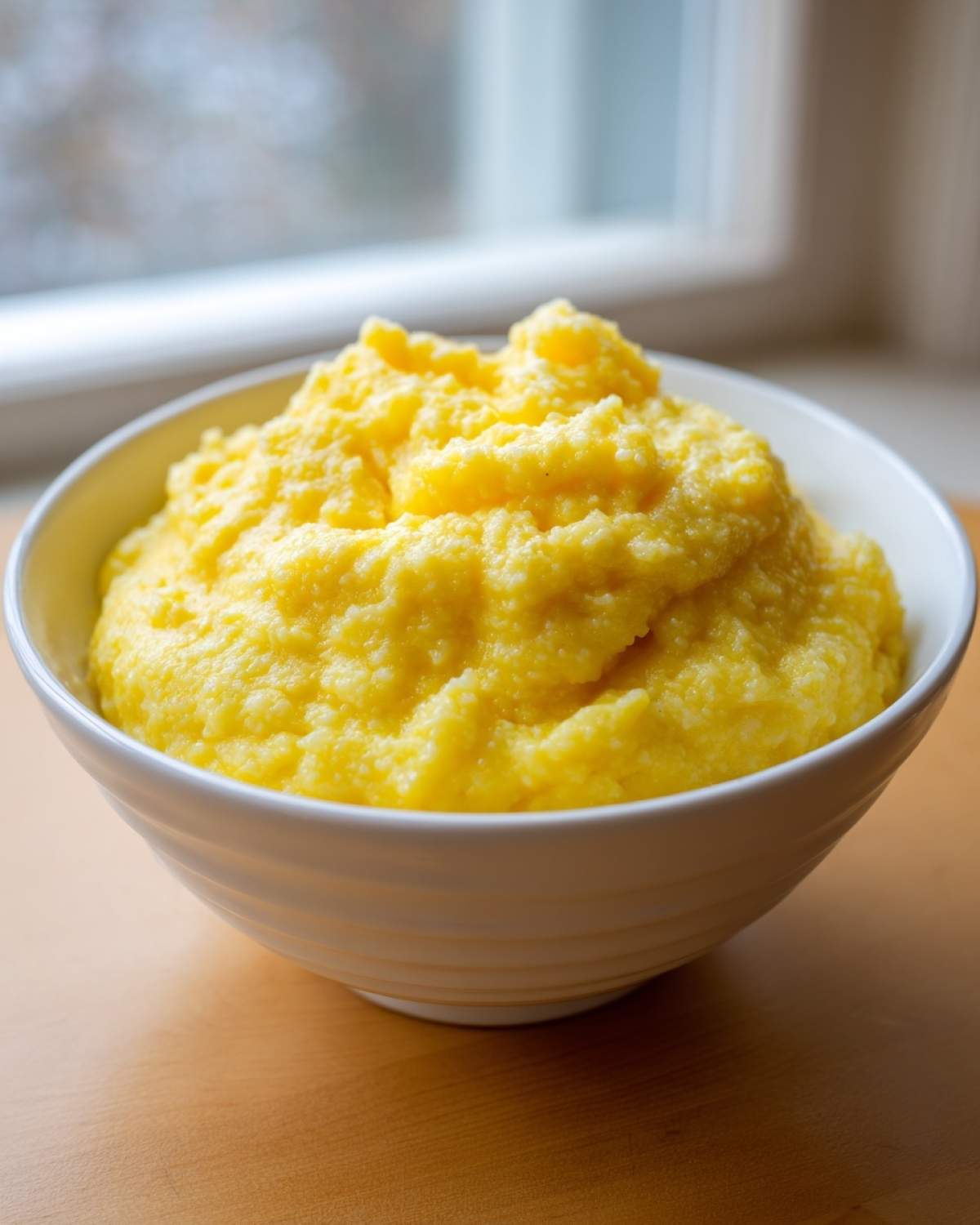 A close-up of a white bowl filled with fluffy, bright yellow, creamy cheese grits sitting on a wooden surface.
