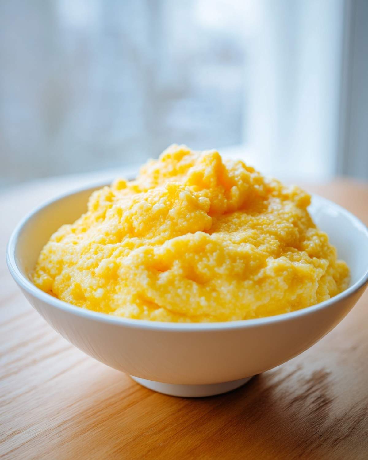 A white bowl filled high with bright yellow, creamy cheese grits sitting on a wooden table.