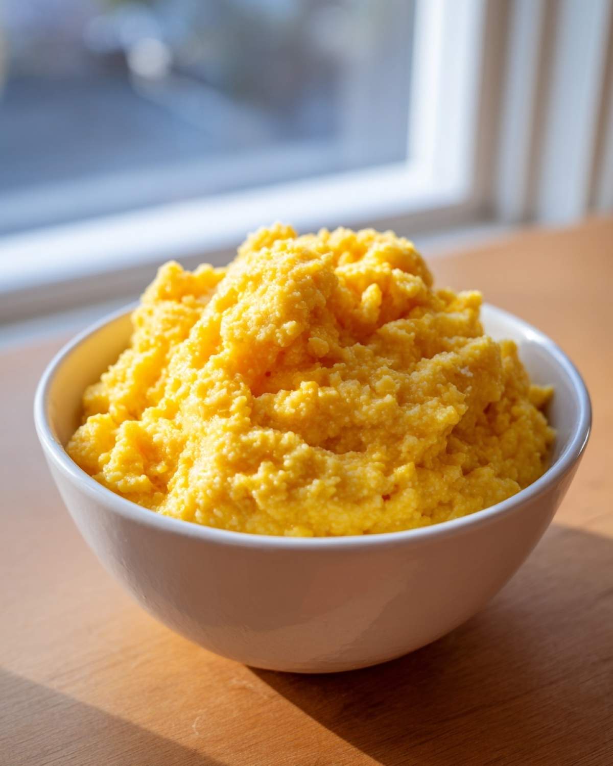 A close-up of a white bowl filled with fluffy, bright yellow creamy cheese grits sitting on a wooden surface near a window.