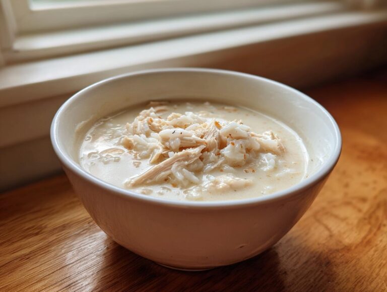 A close-up of a creamy chicken and rice soup in a white bowl, perfect for a warming rice soup.