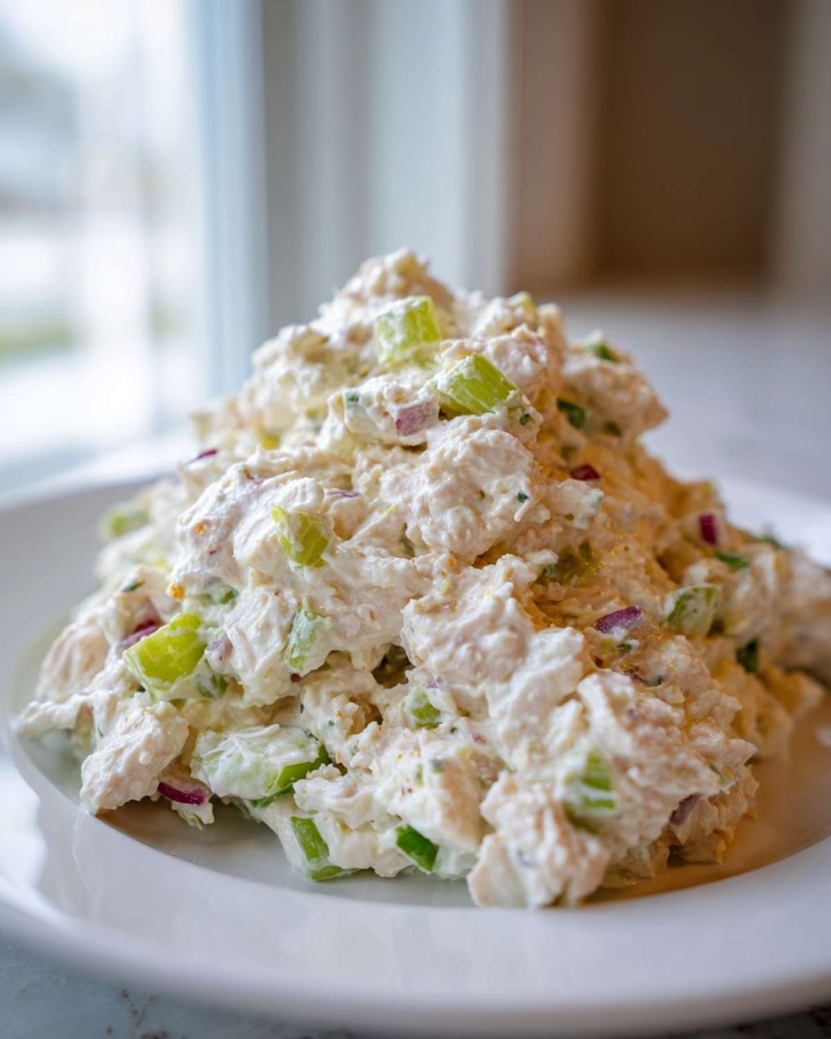 A mound of creamy cottage cheese chicken salad mixed with celery and red onion served on a white plate.