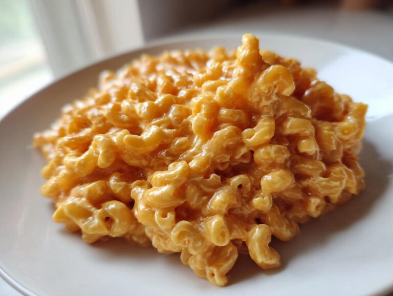 Close-up of a generous serving of creamy cottage cheese mac and cheese on a white plate.