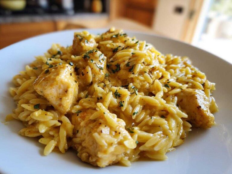 Close-up of creamy lemon orzo pasta mixed with seasoned chicken pieces, garnished with parsley.