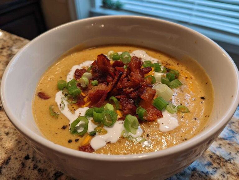 A close-up of a thick, creamy potato soup topped with crispy bacon, sour cream, and chopped green onions.