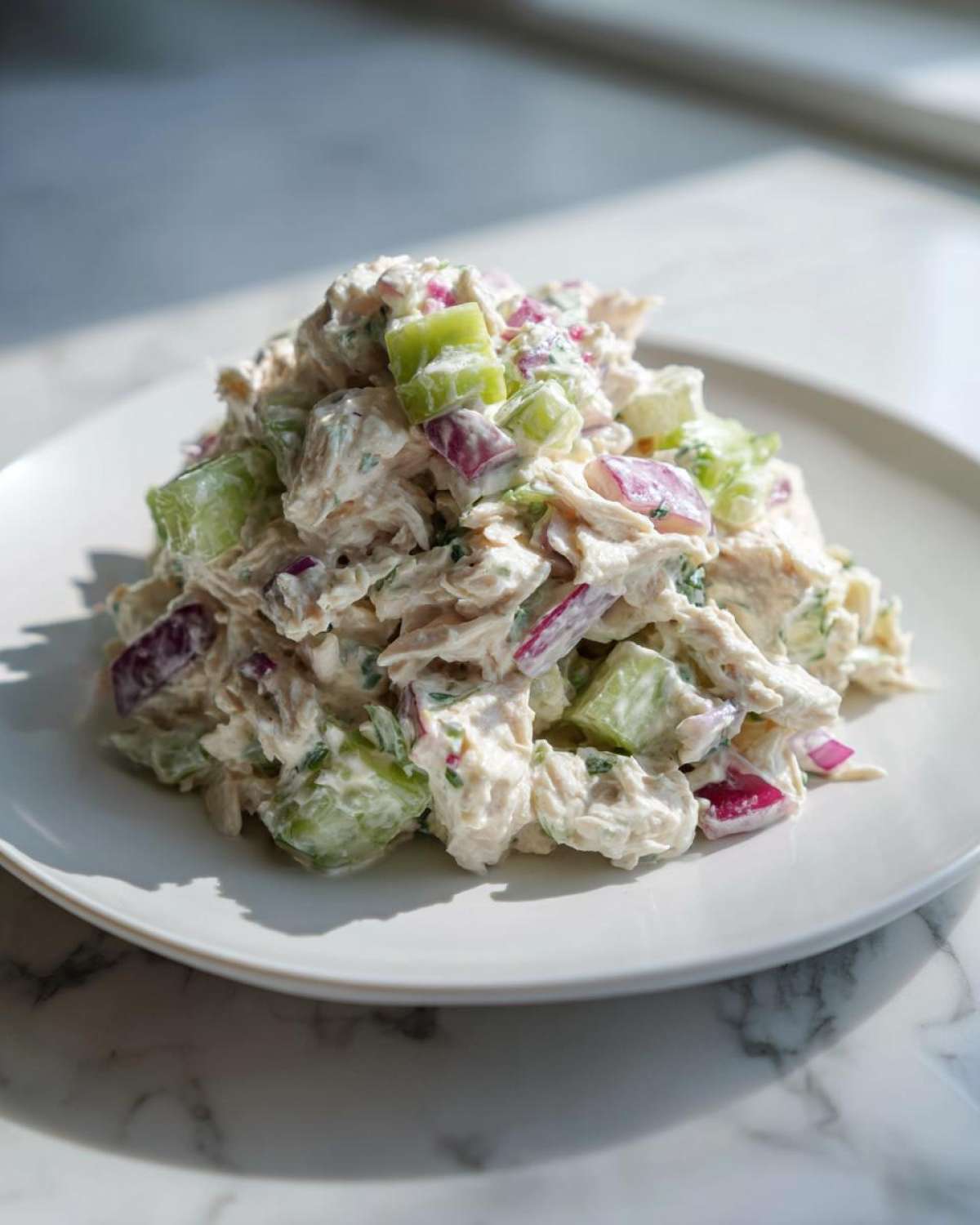 A mound of creamy protein salad featuring shredded chicken, diced green celery, and purple red onion on a white plate.