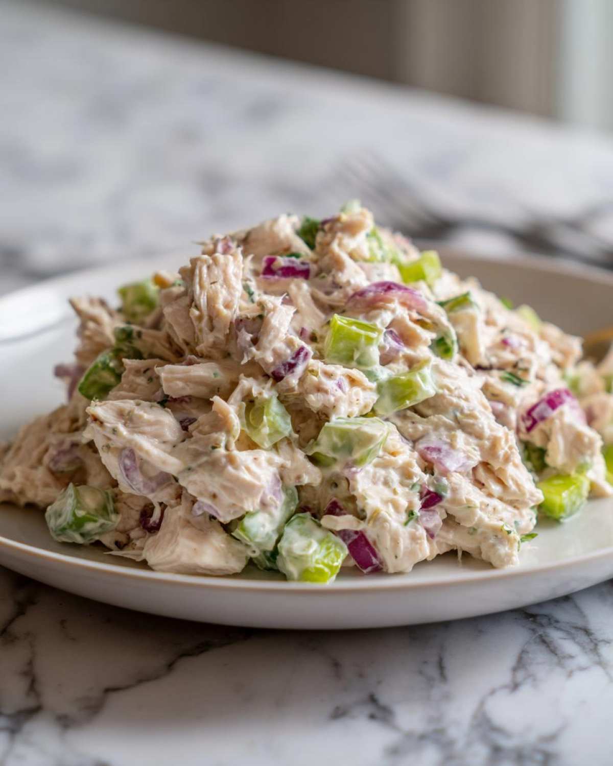 Close-up of a creamy, high protein salad featuring shredded chicken, diced celery, and red onion on a white plate.