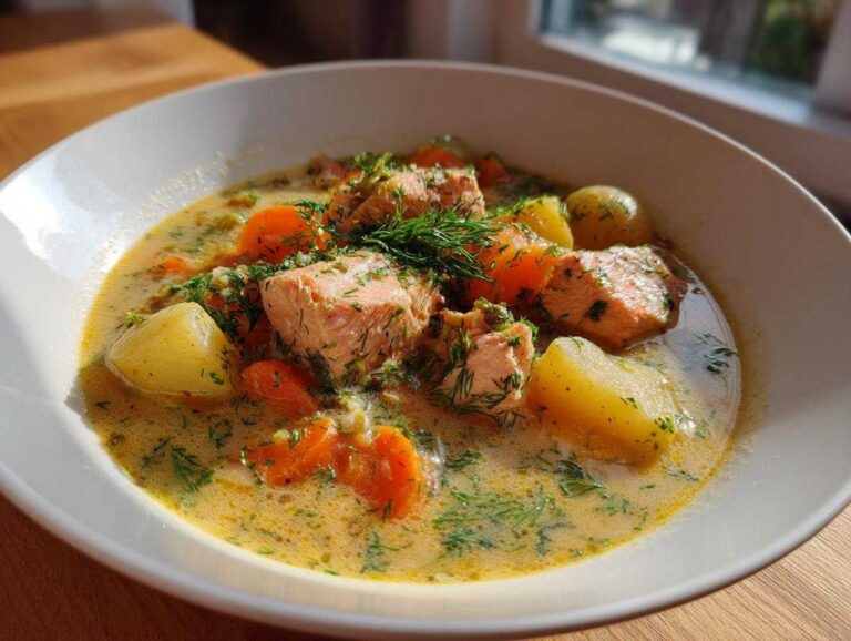 A close-up of a creamy salmon soup featuring large chunks of salmon, potatoes, carrots, and fresh dill.