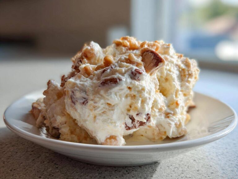 A scoop of creamy Snickers salad topped with chopped nuts and candy pieces served on a white dish.