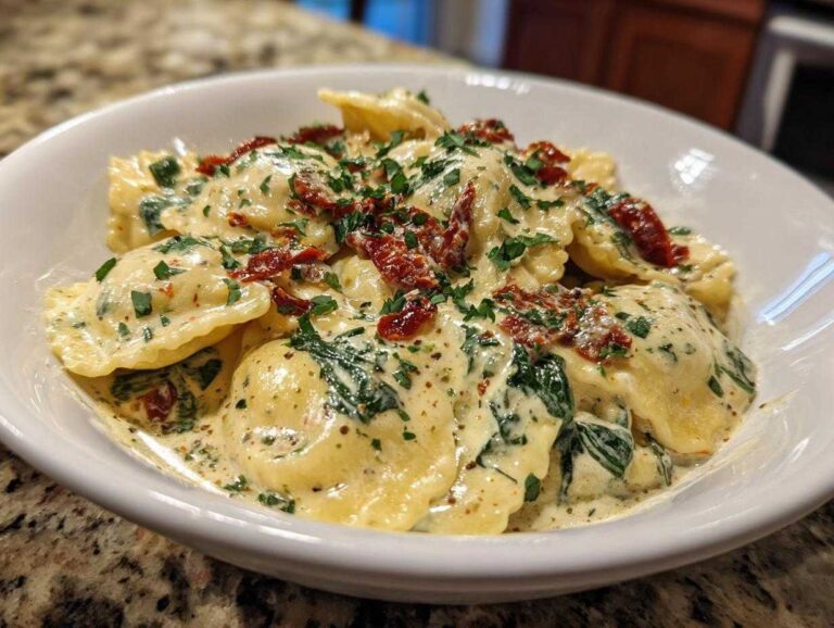 A close-up of creamy Tuscan ravioli tossed in a rich sauce with spinach and topped with sun-dried tomatoes and parsley.