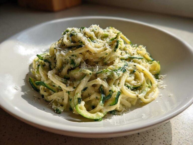 A serving of creamy zucchini noodles topped with grated Parmesan cheese and herbs, ready to eat.