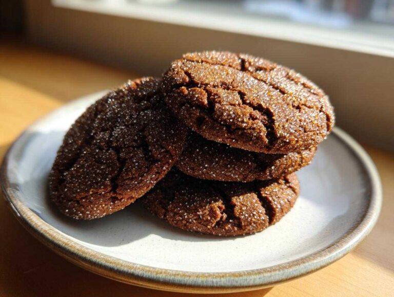 A stack of four dark brown, crinkle-topped molasses cookies generously coated in sparkling sugar crystals.