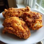 Three pieces of golden brown, crispy air fryer fried chicken resting on a white plate near a window.