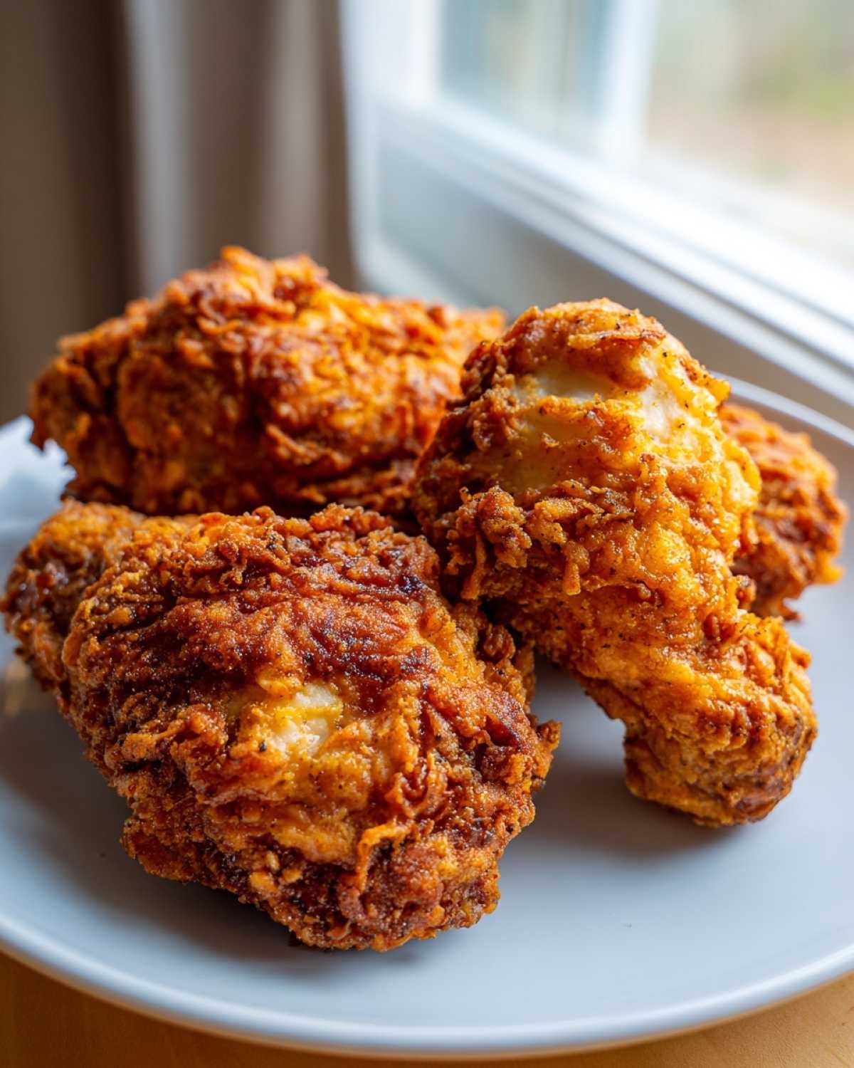 Close-up of several pieces of golden brown, crispy air fryer fried chicken served on a light blue plate.