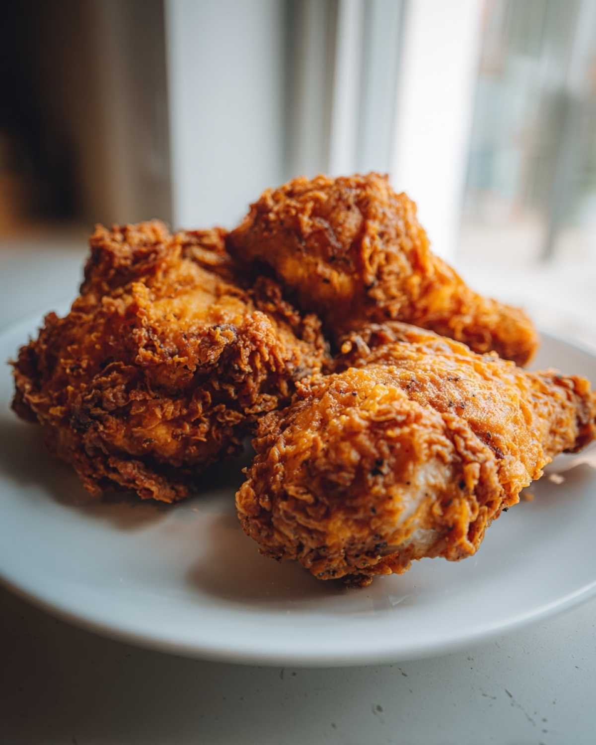 Close-up of four pieces of golden brown, crispy air fryer fried chicken served on a white plate.