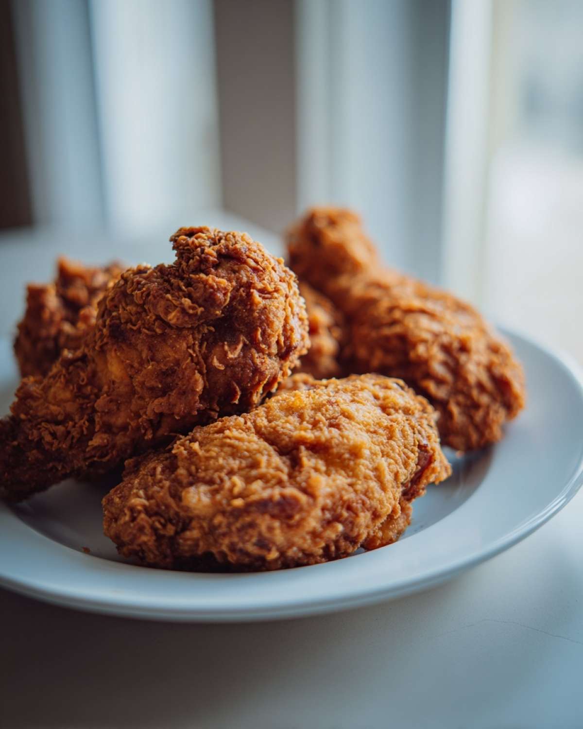 Close-up of several pieces of golden brown, crispy air fryer fried chicken piled on a white plate.